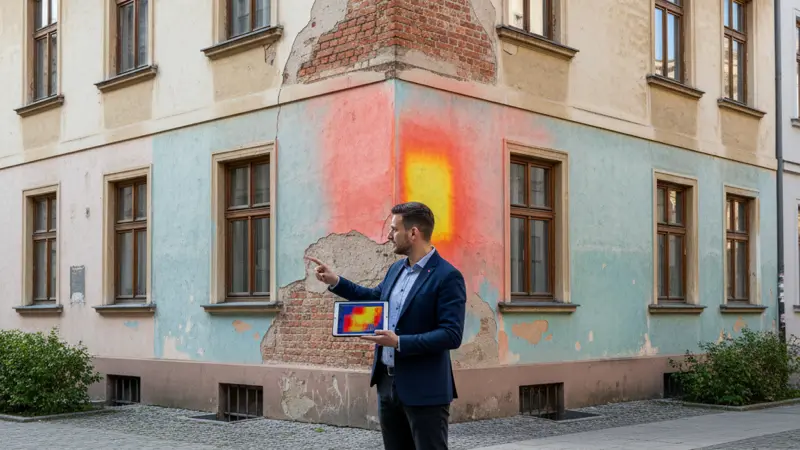 Energieberater mit Tablet und Wärmebildkamera prüft einen Altbau auf Wärmeverluste