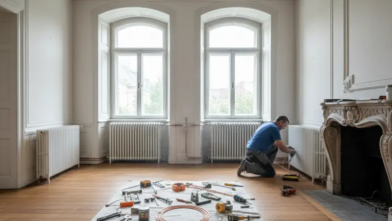 Monteur installiert große Flächenheizkörper im Altbau