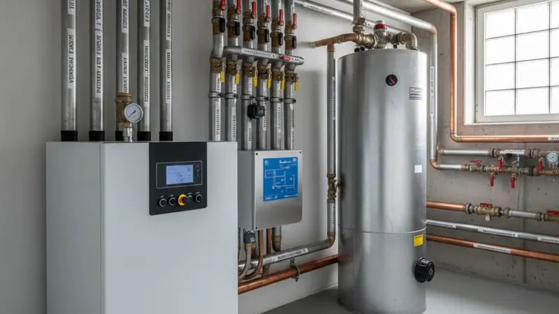 Moderner Heizungskeller mit Wärmepumpen-Inneneinheit und Pufferspeicher