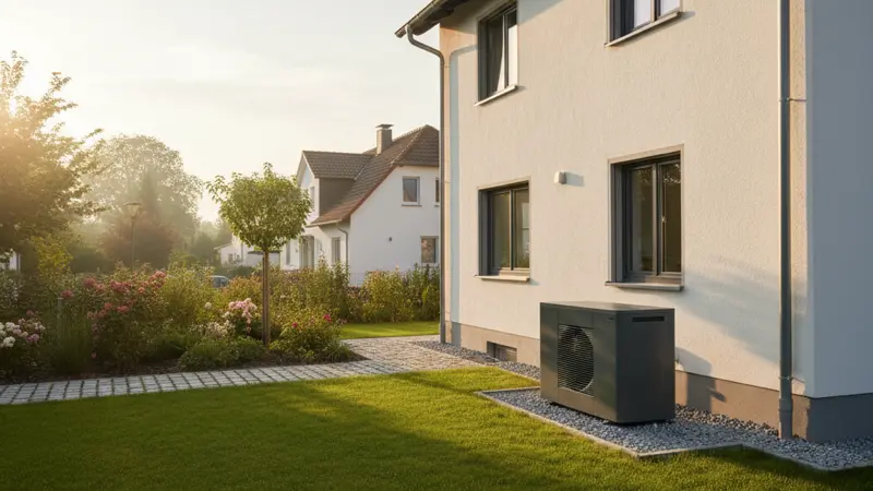 Luft-Wasser-Wärmepumpe Außeneinheit neben einem sanierten Altbau-Einfamilienhaus