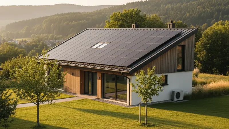 Modernes Einfamilienhaus mit Solaranlage auf dem Dach und Wärmepumpe im Garten