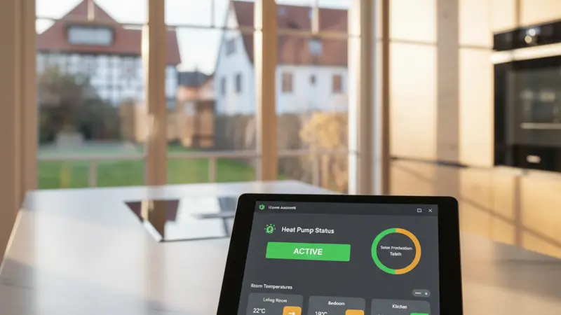 Home Assistant Dashboard auf einem Tablet mit Wärmepumpen-Integration und Solarproduktionsgrafik