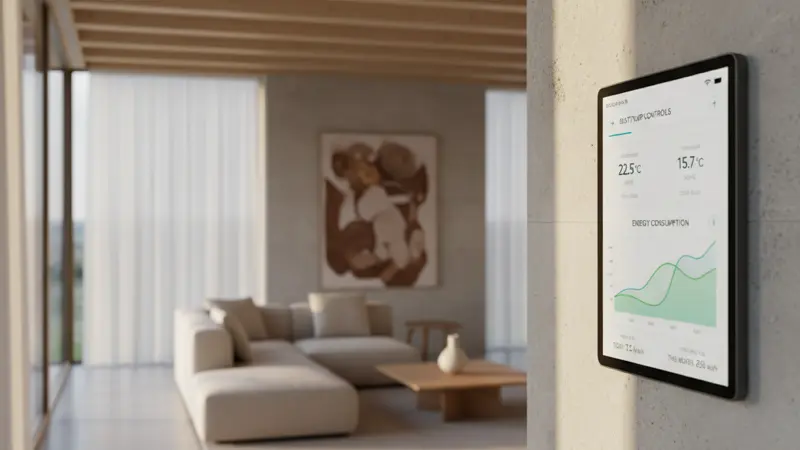 Smart-Home-Dashboard auf einem Wandtablet mit Wärmepumpen-Steuerung und Energieverbrauchsgrafiken