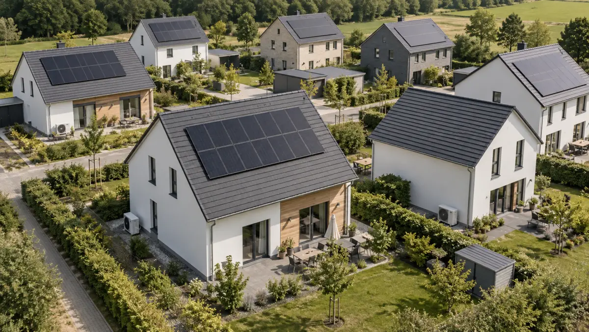 Energieeffizientes deutsches Wohnquartier mit Photovoltaik und Wärmepumpen