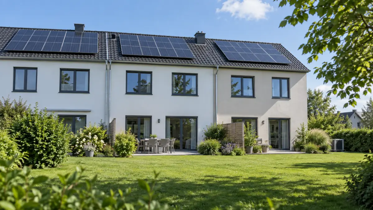 Deutsche Reihenhäuser mit Photovoltaik und außen aufgestellter Wärmepumpe