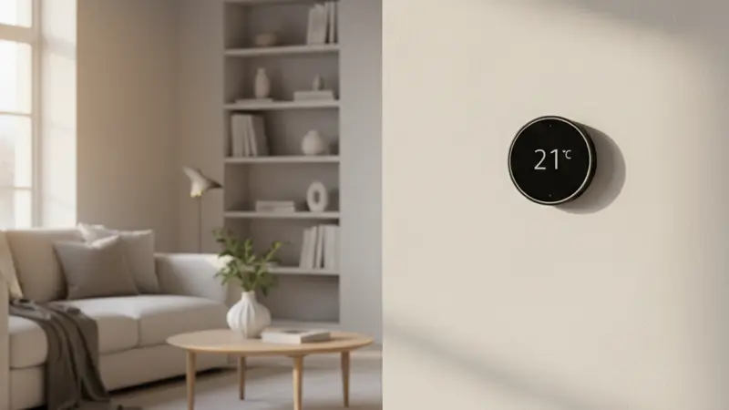 Moderner smarter Thermostat an einer weißen Wand in einem stilvollen Wohnzimmer