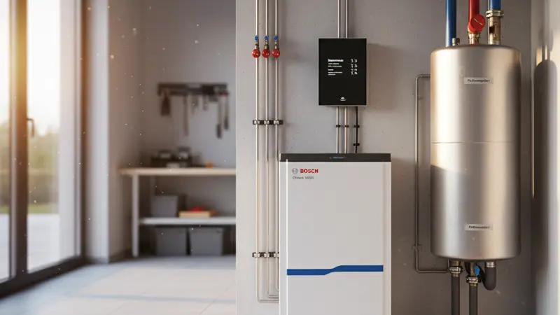 Technikraum mit Wärmepumpe, Pufferspeicher und Energiemanagementsystem