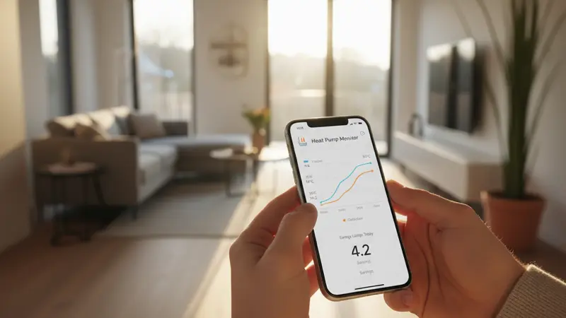 Smartphone mit Wärmepumpen-App zeigt Energiemonitoring und Temperaturkurven