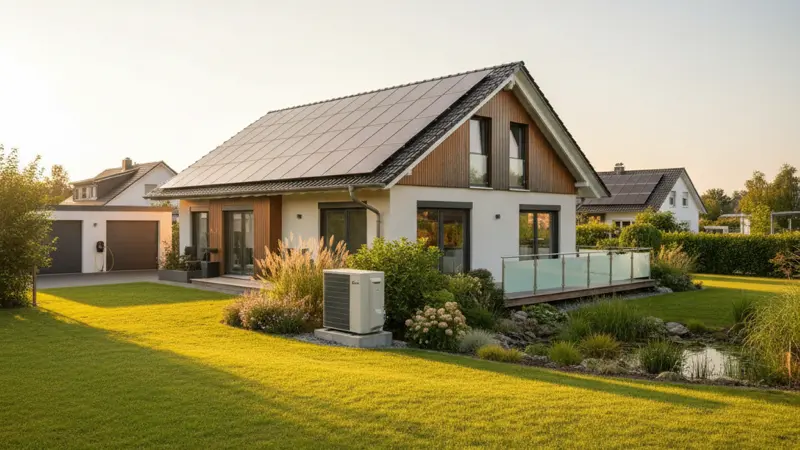 Modernes Einfamilienhaus mit Solaranlage und Wärmepumpe