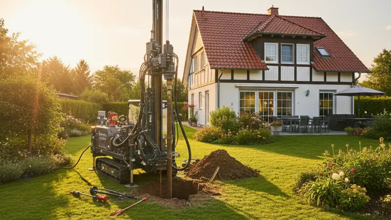 Erdsondenbohrung im Garten eines Einfamilienhauses mit Bohrgerät