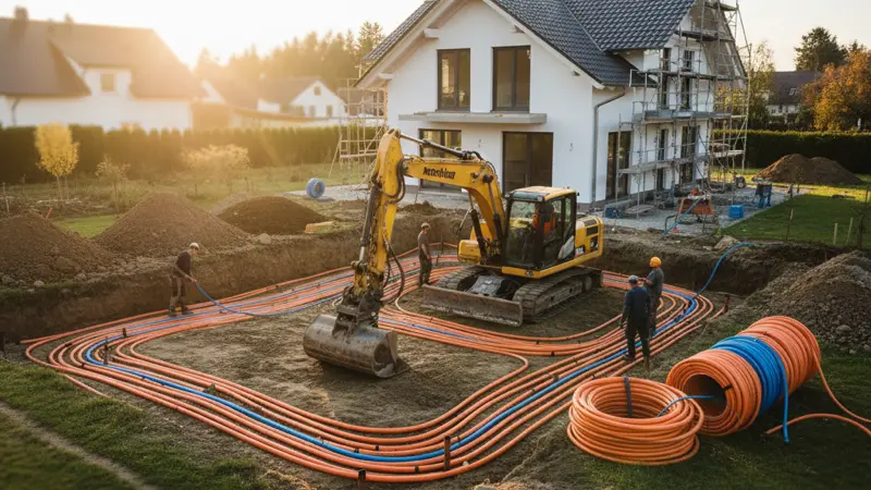 Verlegung eines Flächenkollektors mit Kunststoffrohren im Garten