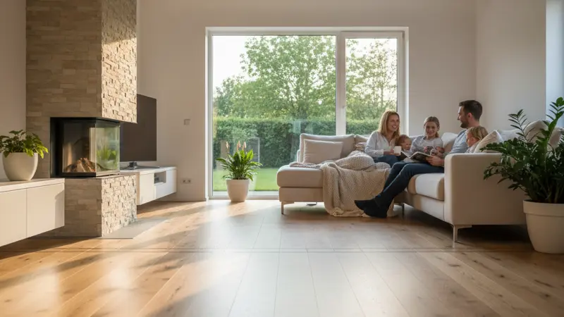 Modernes Wohnzimmer mit Fußbodenheizung, warmer Holzboden