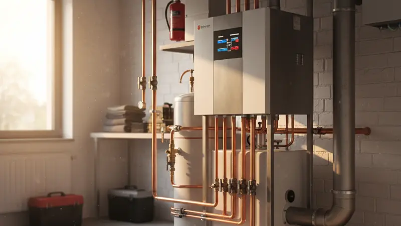 Sole-Wasser-Wärmepumpe Installation im Technikraum eines modernen Einfamilienhauses