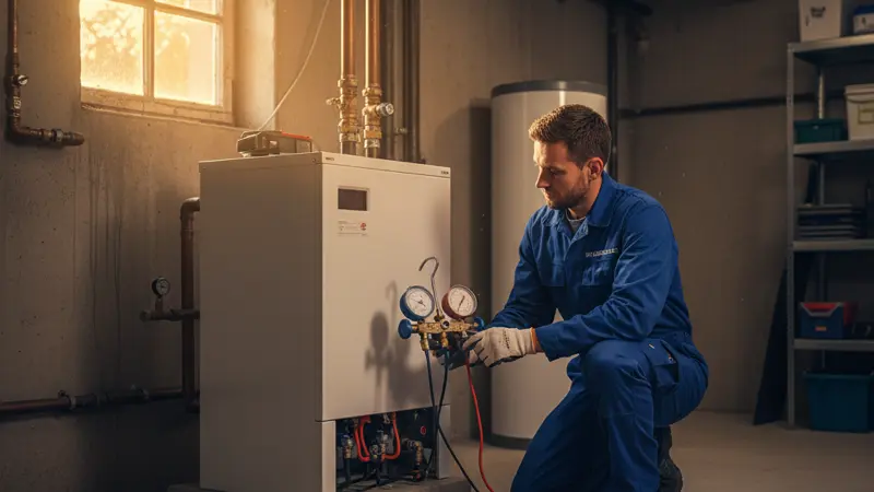 Techniker bei der Wartung einer Sole-Wasser-Wärmepumpe