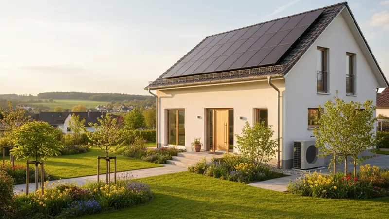 Modernes deutsches Einfamilienhaus mit Solaranlage auf dem Dach und gepflegtem Garten, sonniger Tag
