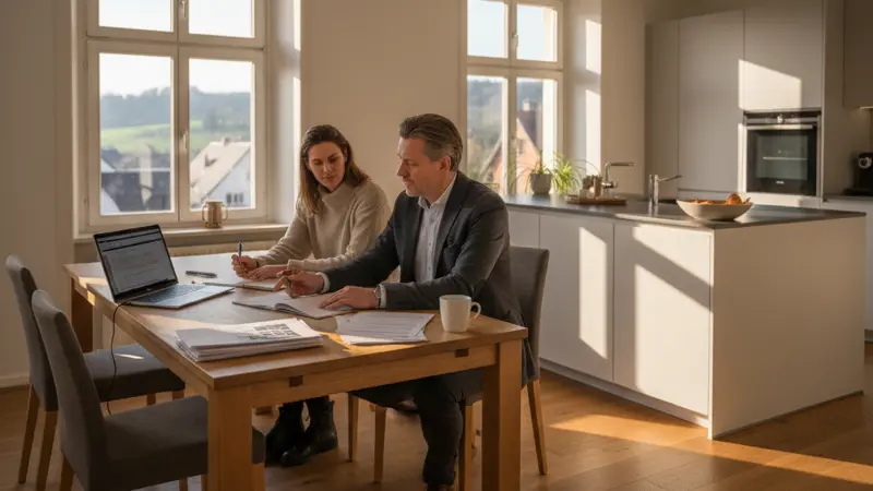 Energieberater bespricht BEG-Förderantrag mit Hausbesitzer am Küchentisch, Unterlagen und Laptop sichtbar