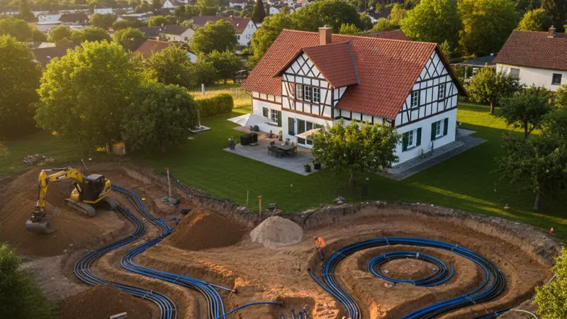 Erdkollektor wird im Garten eines Einfamilienhauses in 1,2 Meter Tiefe verlegt, Bagger und Rohrleitungen sichtbar