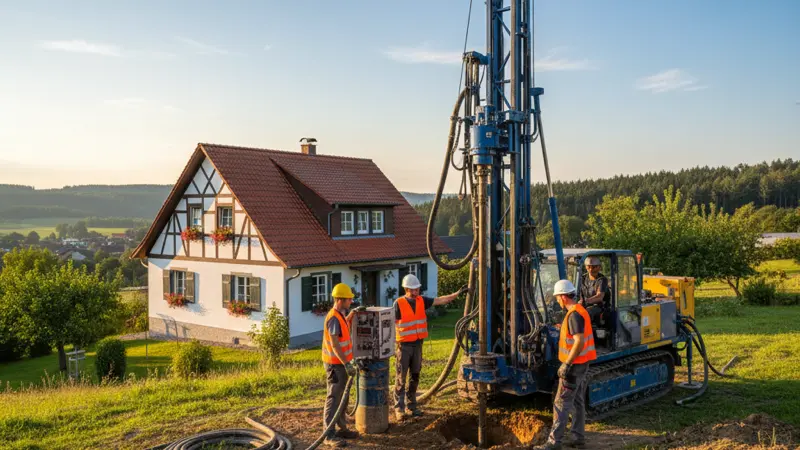 Bohrgerät für Erdsondenbohrung vor einem deutschen Einfamilienhaus, Bohrmannschaft bei der Arbeit