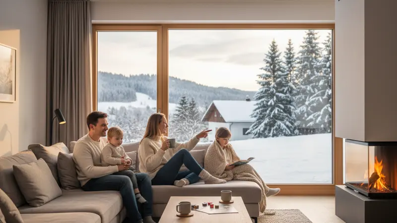 Familie im warmen Wohnzimmer eines modernen Hauses im Winter, Blick durch das Fenster auf Schnee