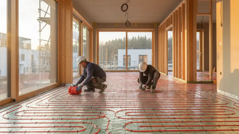 Fußbodenheizung wird auf Isoliermaterial im Neubau verlegt, Heizungsrohre in Schlaufen