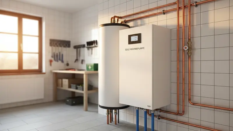 Sole-Wärmepumpe im Technikraum eines modernen Einfamilienhauses mit Kupferrohren und Pufferspeicher