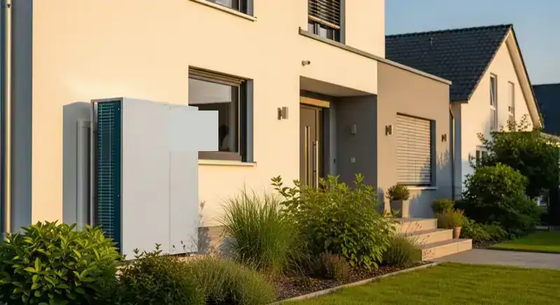 Modernes deutsches Wohnhaus mit außen aufgestellter Wärmepumpe