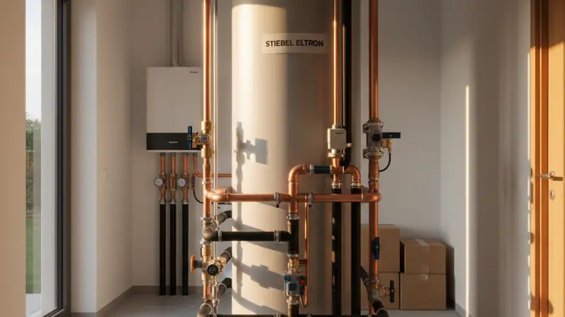 Pufferspeicher neben einer Wärmepumpe im Hauswirtschaftsraum