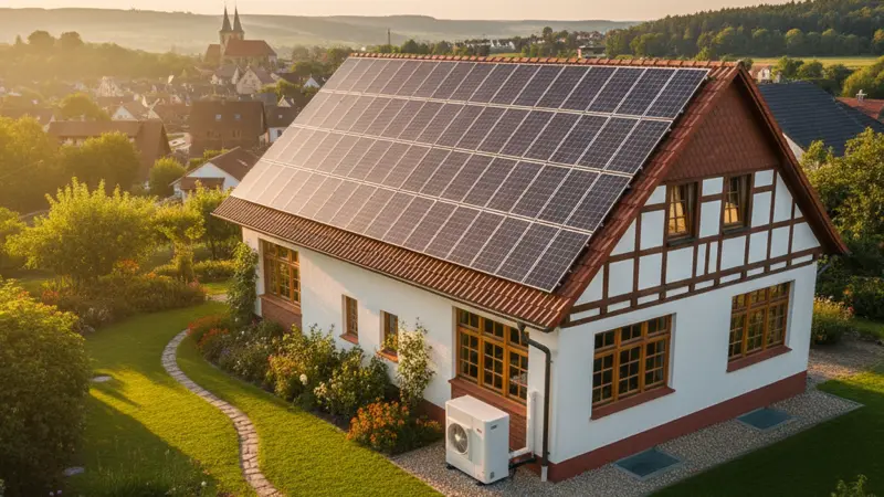 Solaranlage auf dem Hausdach mit Wärmepumpe im Garten darunter
