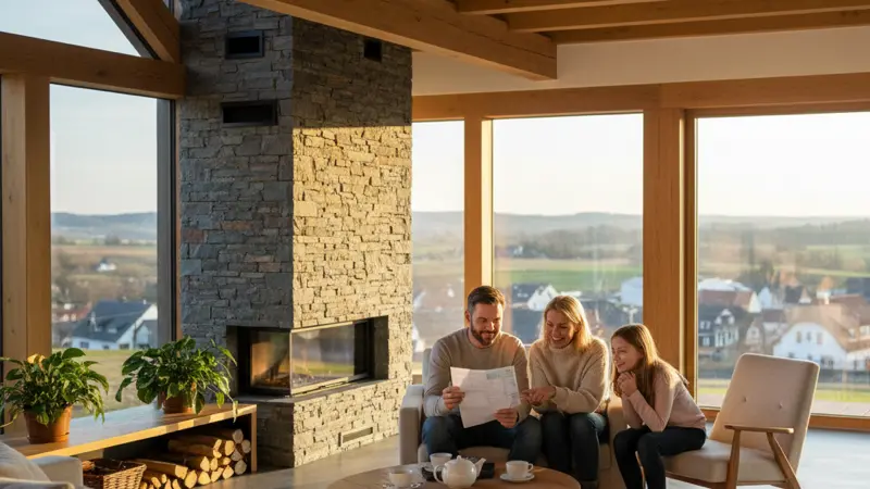Familie freut sich über niedrigere Stromrechnung durch Wärmepumpen-Sondertarif