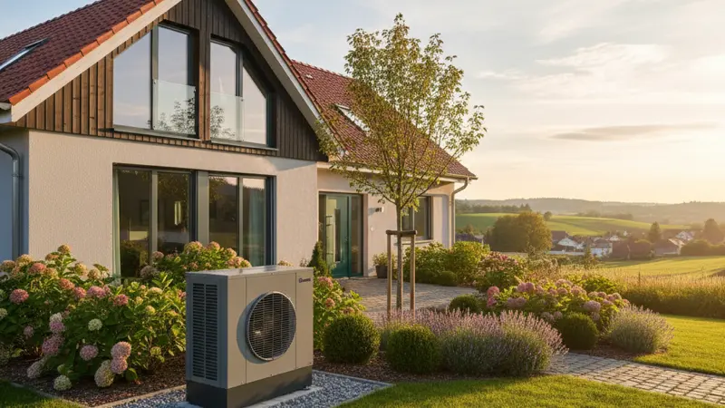 Moderne Wärmepumpe neben einem deutschen Einfamilienhaus mit grünem Garten