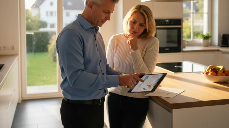 Energieberater zeigt einem Hausbesitzer Stromtarife auf einem Tablet