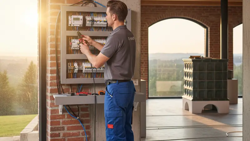 Elektriker installiert einen Zweitarifzähler im Zählerschrank eines Einfamilienhauses