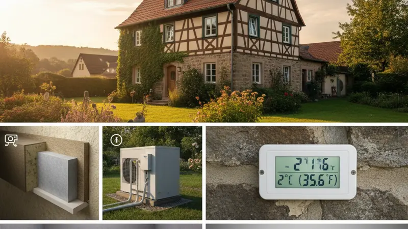 Faktoren die den Stromverbrauch einer Wärmepumpe beeinflussen wie Dämmung, Vorlauftemperatur und Außentemperatur