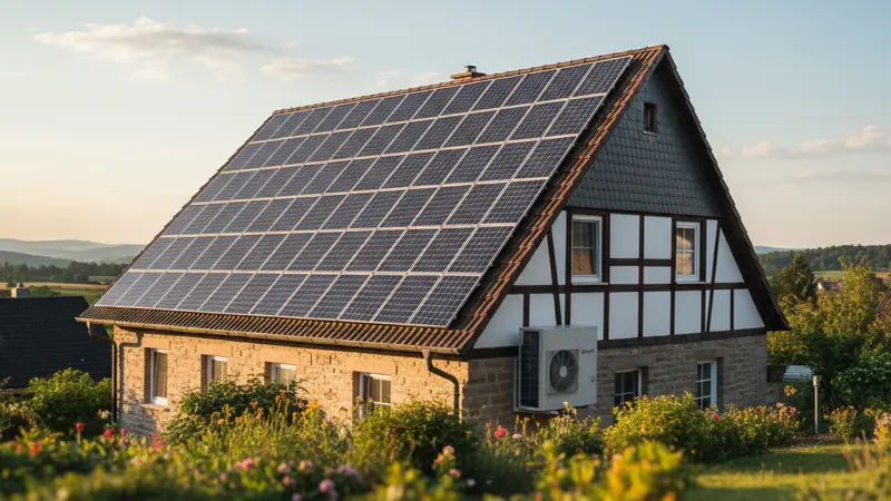 Solarpanels auf einem Hausdach mit Wärmepumpe im Vordergrund