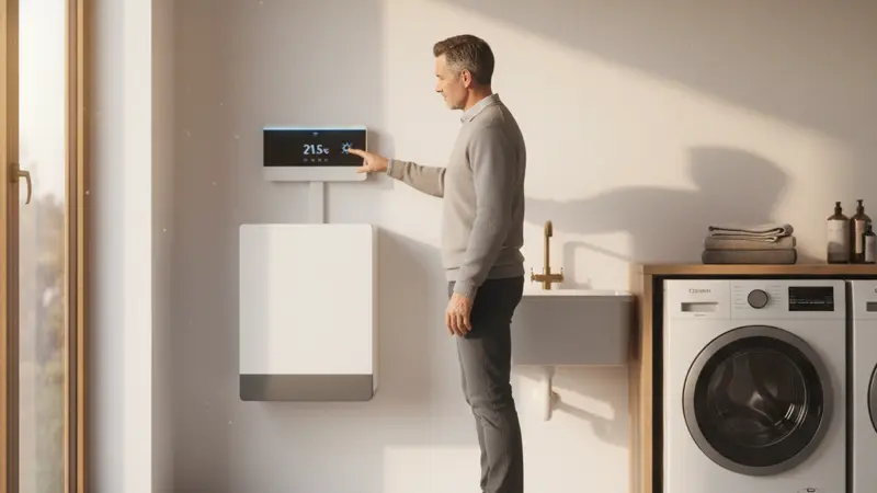 Hausbesitzer kontrolliert Wärmepumpen-Einstellungen an einem digitalen Regler