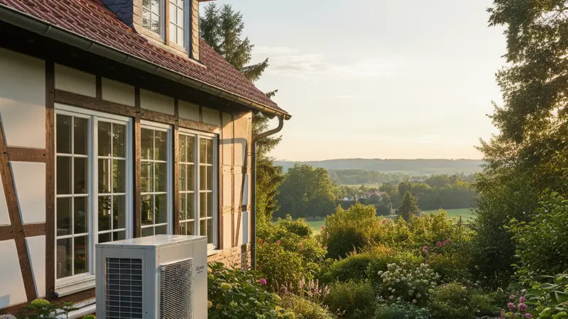 Moderne Luft-Wasser-Wärmepumpe vor einem Einfamilienhaus mit Garten