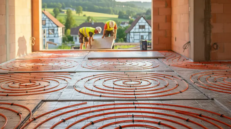 Fußbodenheizung wird in einem Haus verlegt, ideale Ergänzung zur Wärmepumpe