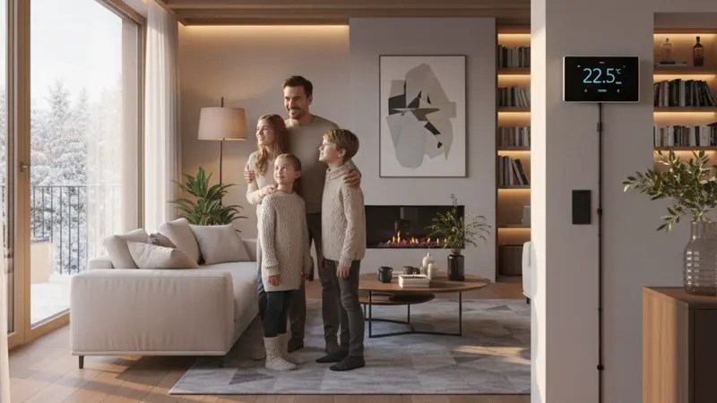 Moderne Wärmepumpensteuerung per Smart-Home-Thermostat im Wohnzimmer