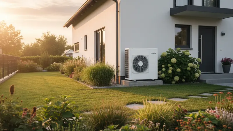 Moderne Luft-Wasser-Wärmepumpe vor einem deutschen Einfamilienhaus mit Garten