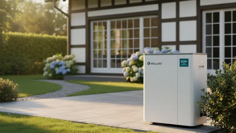 Vaillant aroTHERM plus Wärmepumpe mit R290 Kältemittel vor einem Einfamilienhaus