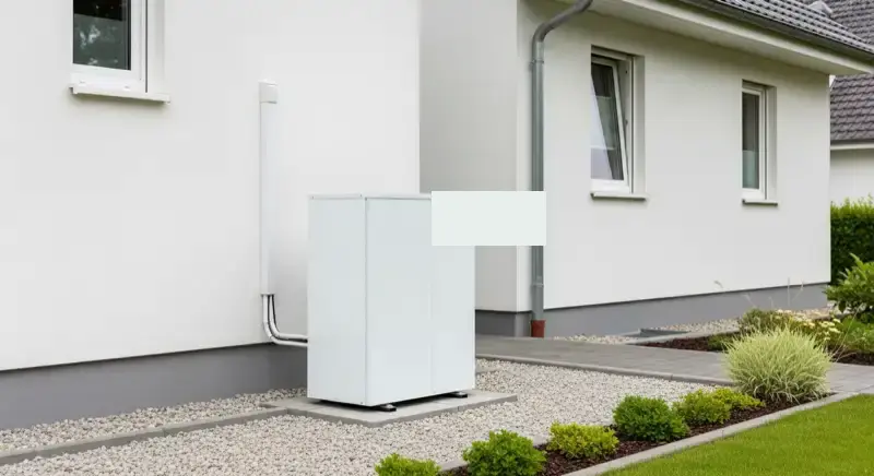 Wärmepumpe Außeneinheit neben einem deutschen Einfamilienhaus ohne sichtbare Marken