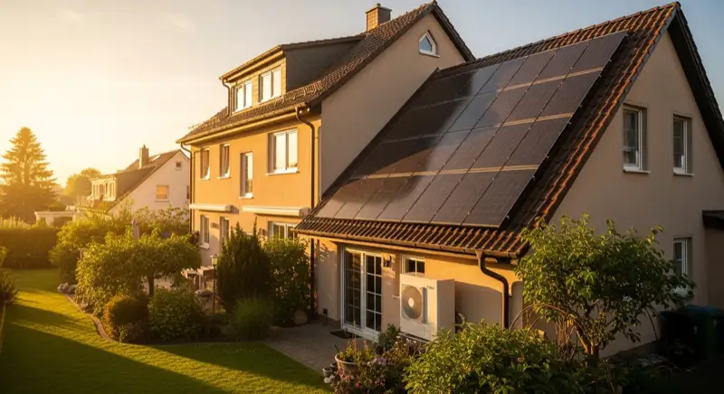Wärmepumpe Außeneinheit an einem deutschen Einfamilienhaus mit Solardach
