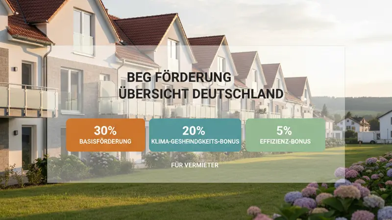 Infografik zur BEG-Förderung für Vermieter mit den drei Förderbausteinen Grundförderung, Klima-Geschwindigkeits-Bonus und Effizienz-Bonus
