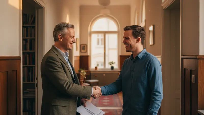Vermieter übergibt Modernisierungsankündigung an Mieter in einer freundlichen Gesprächssituation