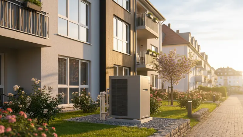 Luft-Wasser-Wärmepumpe vor einem modernen Mehrfamilienhaus mit gepflegtem Vorgarten