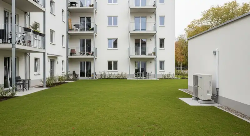 Modernisiertes deutsches Mehrfamilienhaus mit Wärmepumpe im Garten