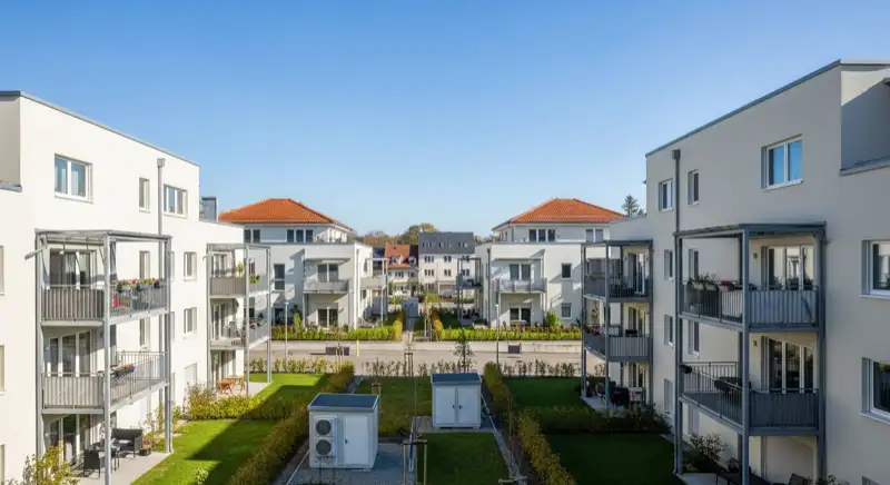 Modernisiertes deutsches Mehrfamilienhaus mit Wärmepumpen im begrünten Innenhof