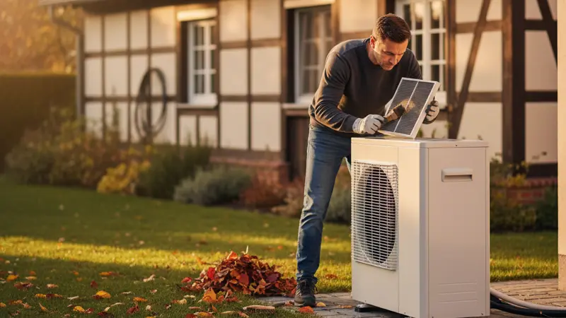 Hauseigentümer reinigt den Luftfilter einer Wärmepumpen-Außeneinheit im Garten