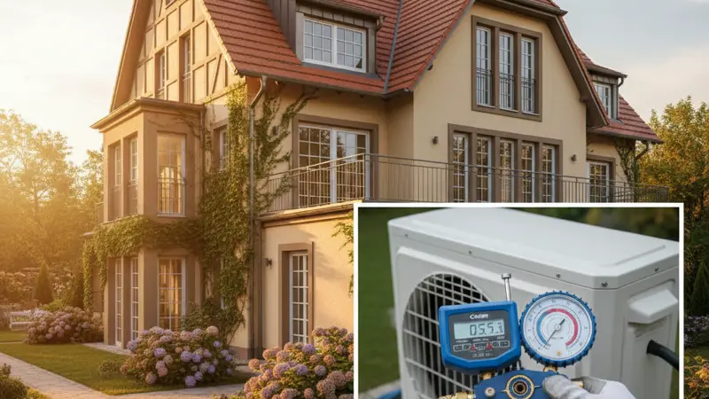 Detailaufnahme der Kältemittel-Druckmessung an einer Wärmepumpe mit Manometern