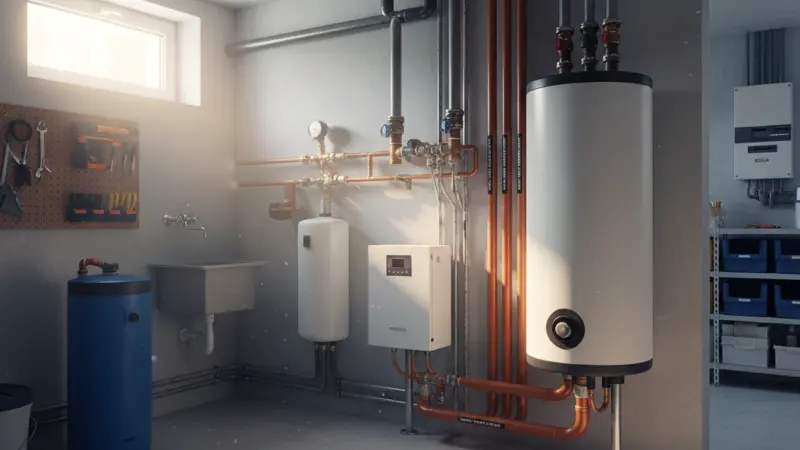 Sole-Wasser-Wärmepumpe im Technikraum mit Pufferspeicher und Soleleitungen